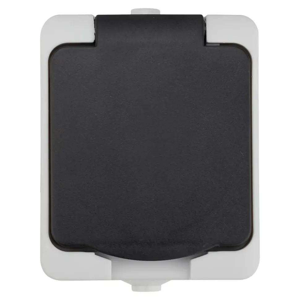 Prise avec terre étanche en saillie gris complet - H 7,6 cm / L 5,5 cm / P 4,3 cm