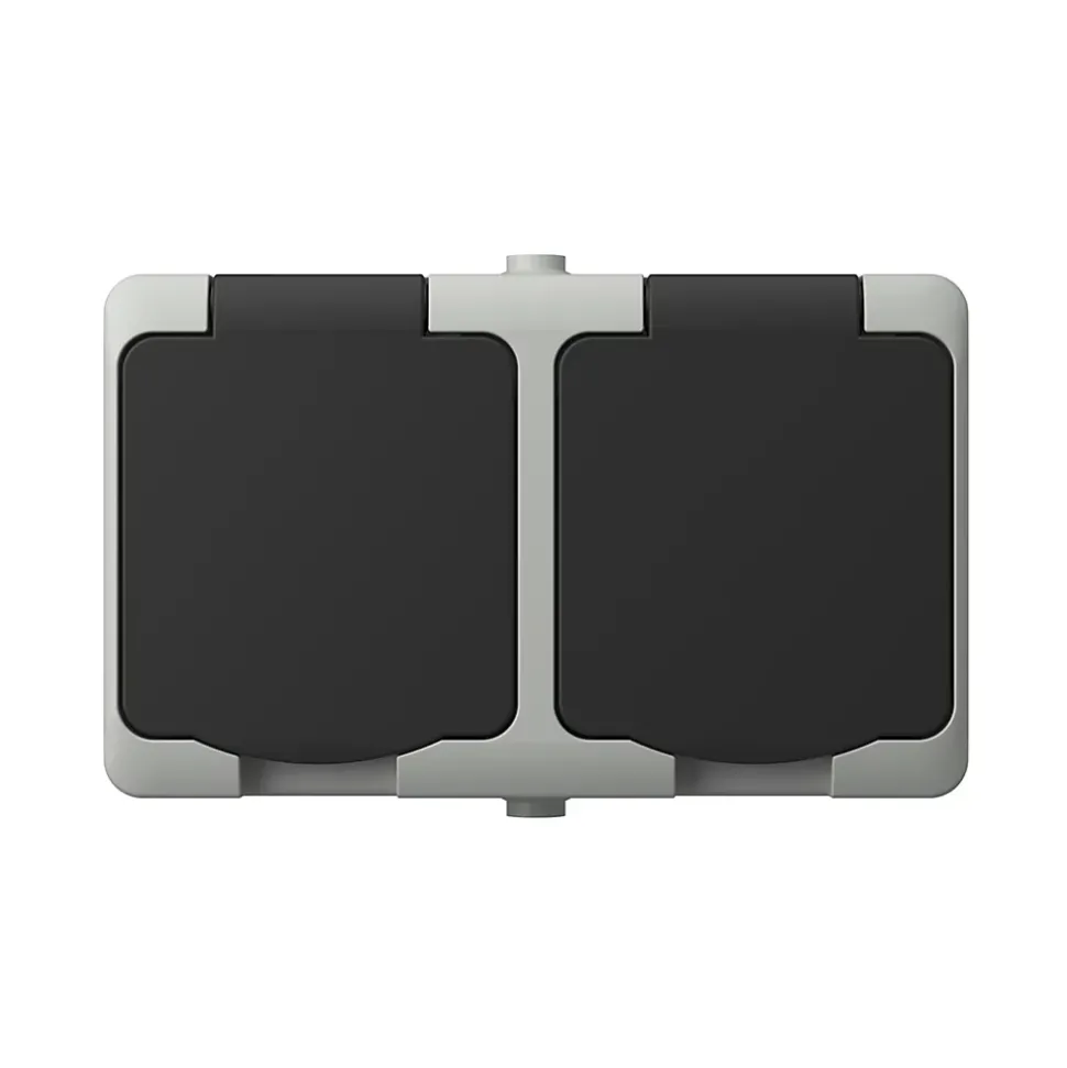 Prise avec terre étanche en saillie gris complet - H 8,5 cm / L 6,5 cm / P 5 cm