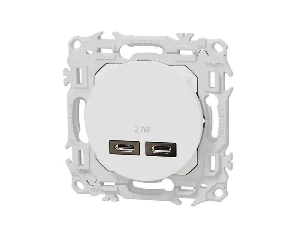 Prise chargeur USB double type C Blanc craie Schneider Odace