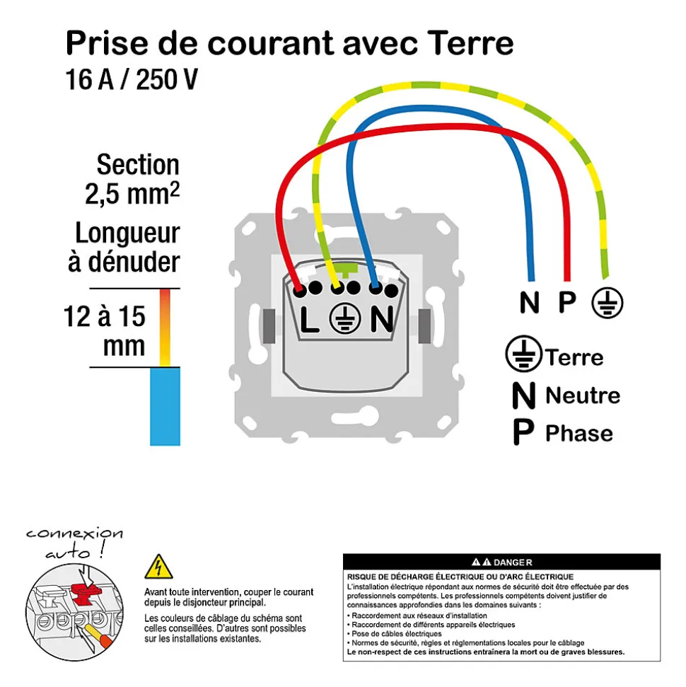 Prise de courant 2 pôles + terre affleurante connexion rapide 16A Schneider Electric Unica Déco aluminium