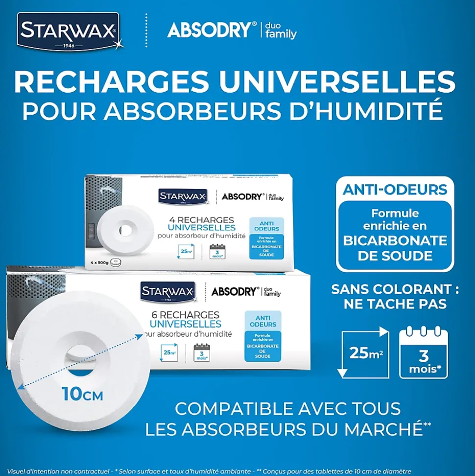 6 recharges de 500g universelles pour absorbeur d'humidité Starwax