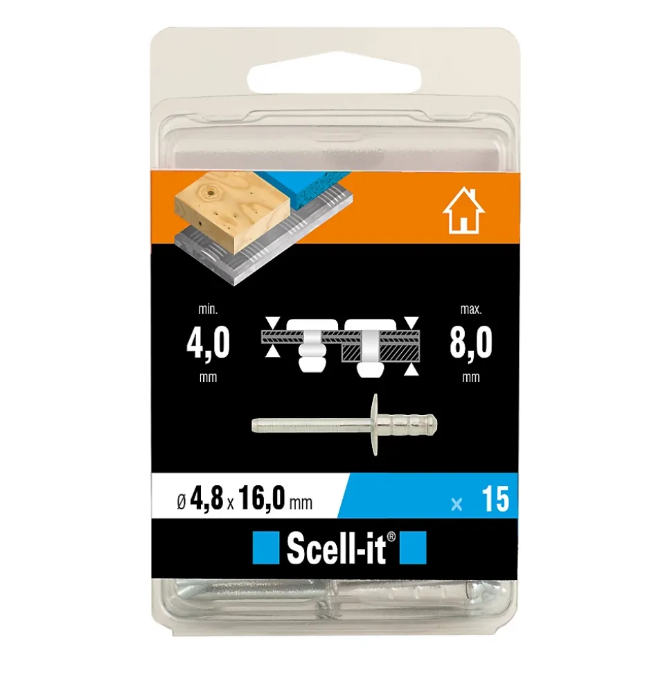 Rivet ø4.8 x 16 mm tête large charge max 100kg, 15 pièces