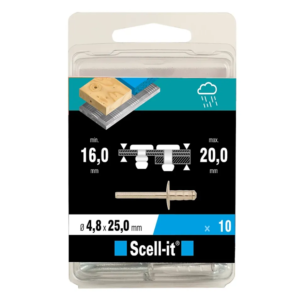 Rivet ø4.8 x 25 mm tête large charge max 300kg, 10 pièces
