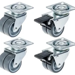 Roulette double 50mm 2" caoutchouc gris pivotante et frein capacité 280kg, jeu de 4