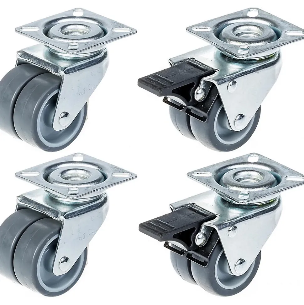 Roulette double 50mm 2" caoutchouc gris pivotante et frein capacité 280kg, jeu de 4