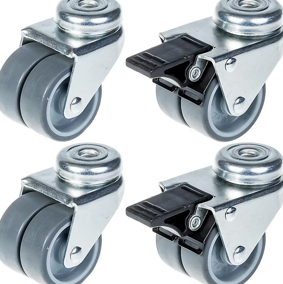 Roulette double 50mm 2" caoutchouc gris pivotante et frein capacité 280kg, jeu de 4
