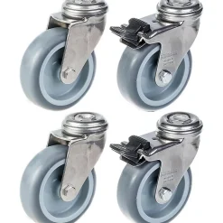 Roulette 75mm 3" en acier inoxydable, caoutchouc gris, pivotante et avec frein, 240kg, jeu de 4