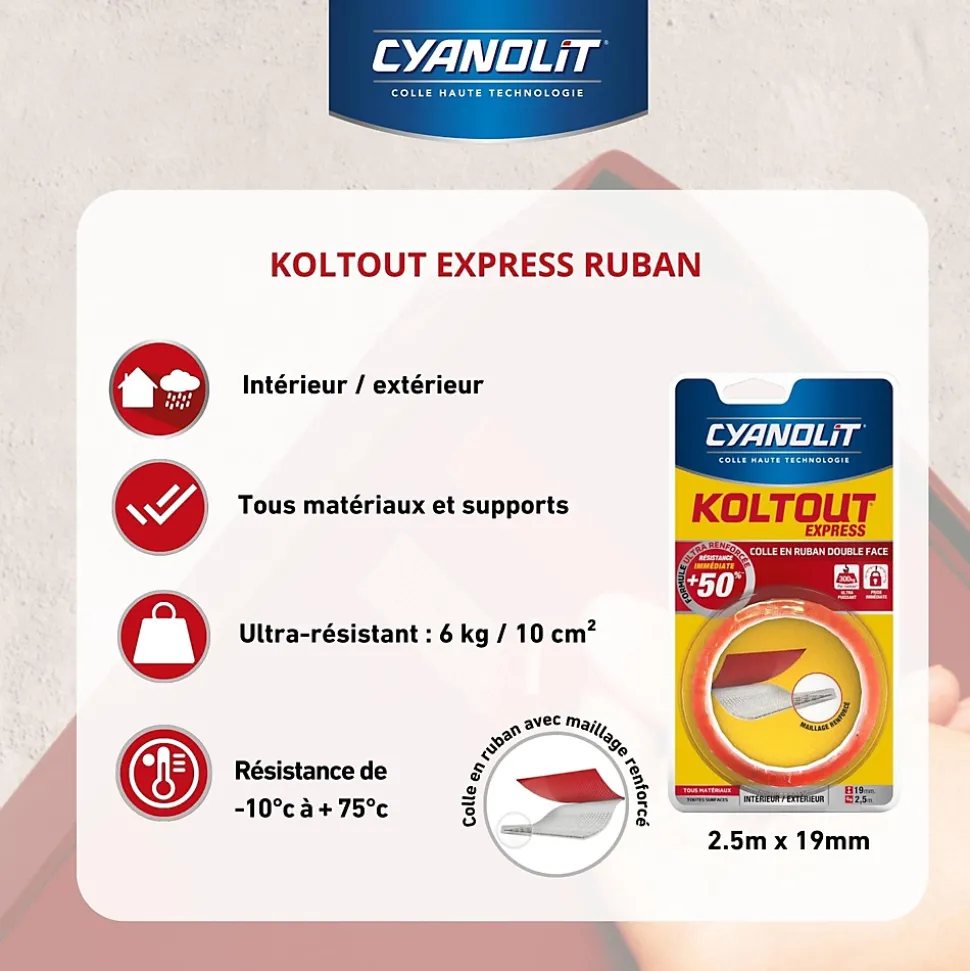 Ruban adhésif double face Cyanolit Koltout Express 2,5 m x 19 mm