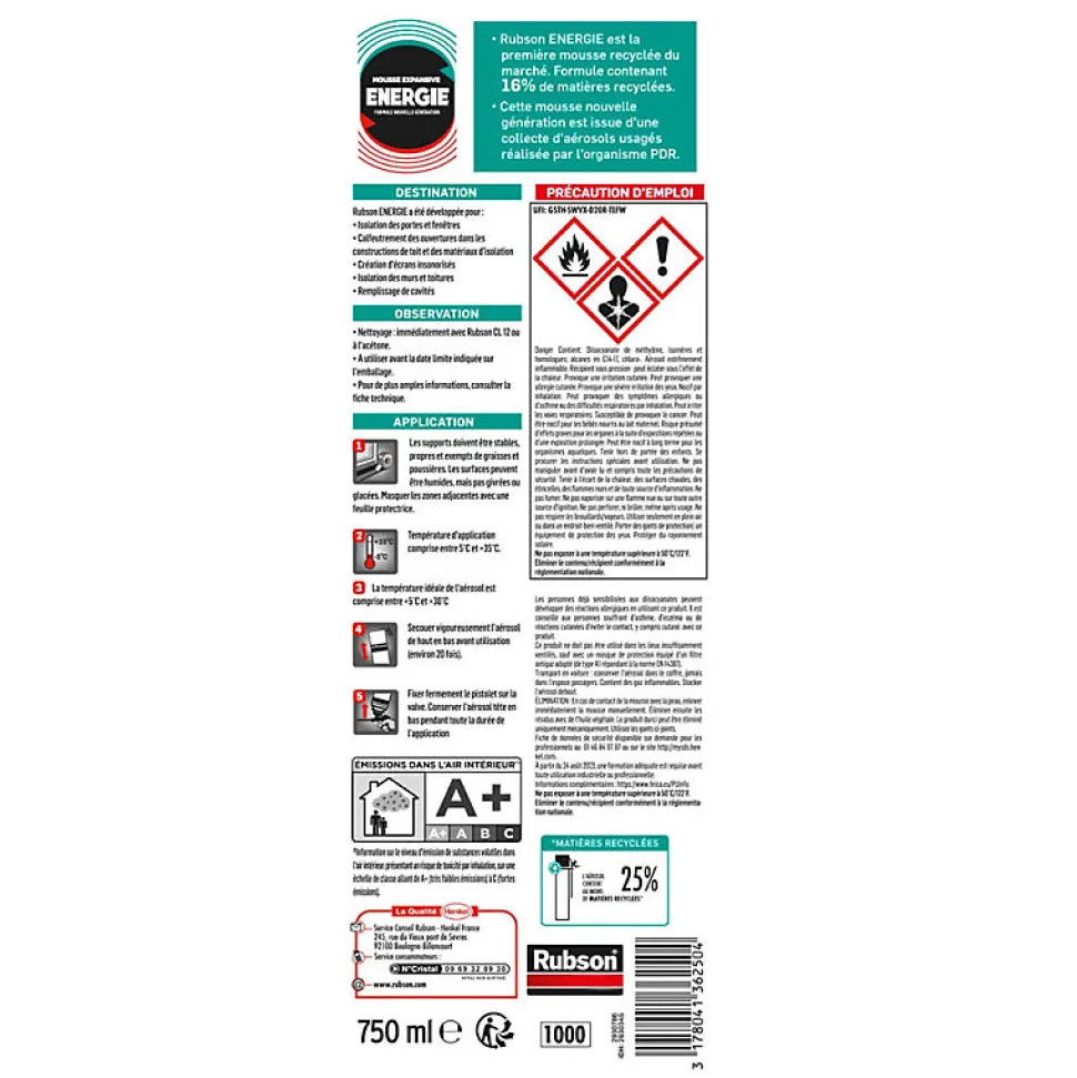 RUBSON Pack de 11 Mousses Expansives Énergie Pistolable Gris 750ml + Nettoyant CL12 + Pistolet