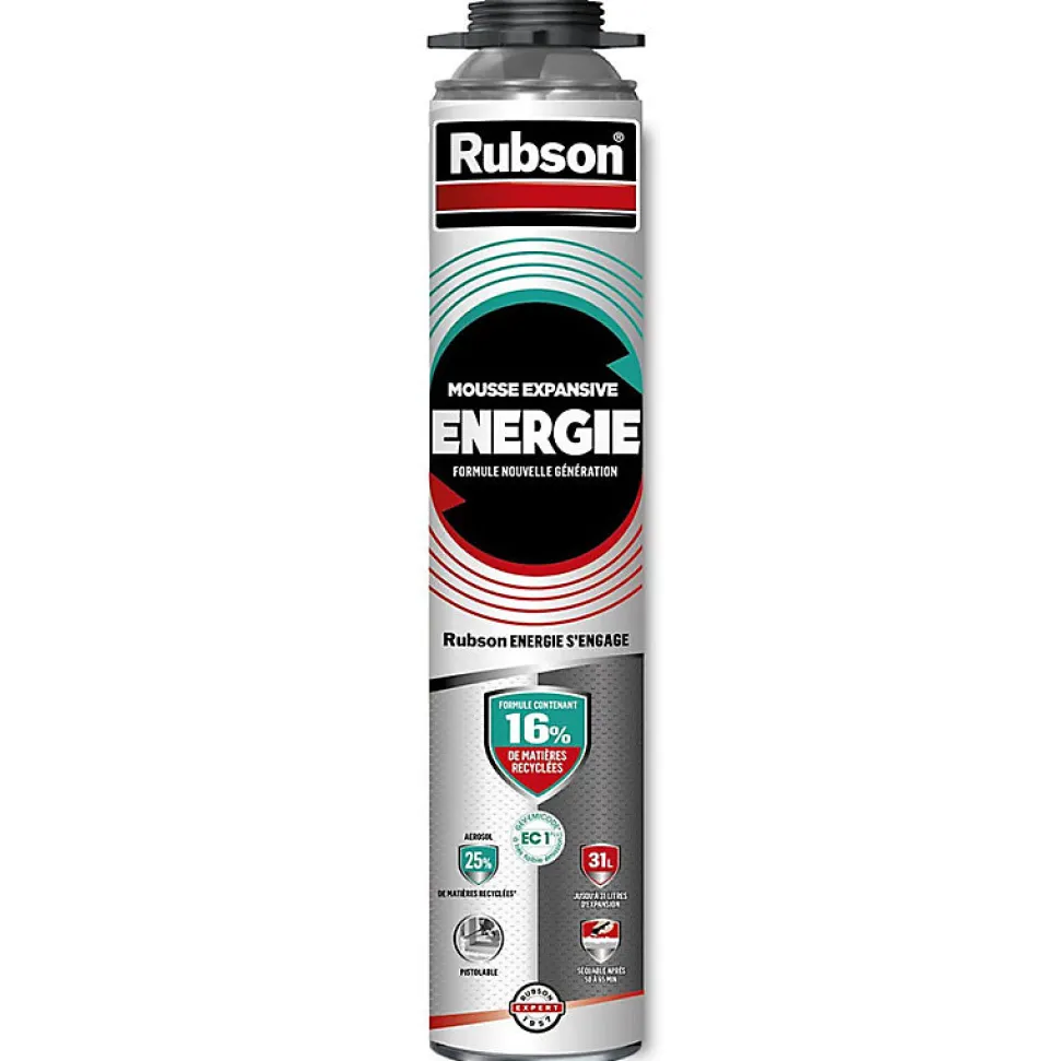 RUBSON Pack de 6 Mousses Expansives Énergie Pistolable Gris 750ml + Nettoyant CL12 + Pistolet