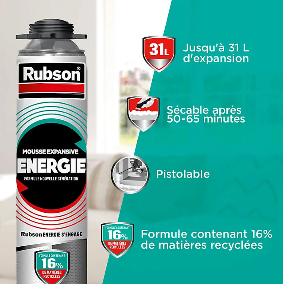 RUBSON Pack de 6 Mousses Expansives Énergie Pistolable Gris 750ml + Nettoyant CL12 + Pistolet