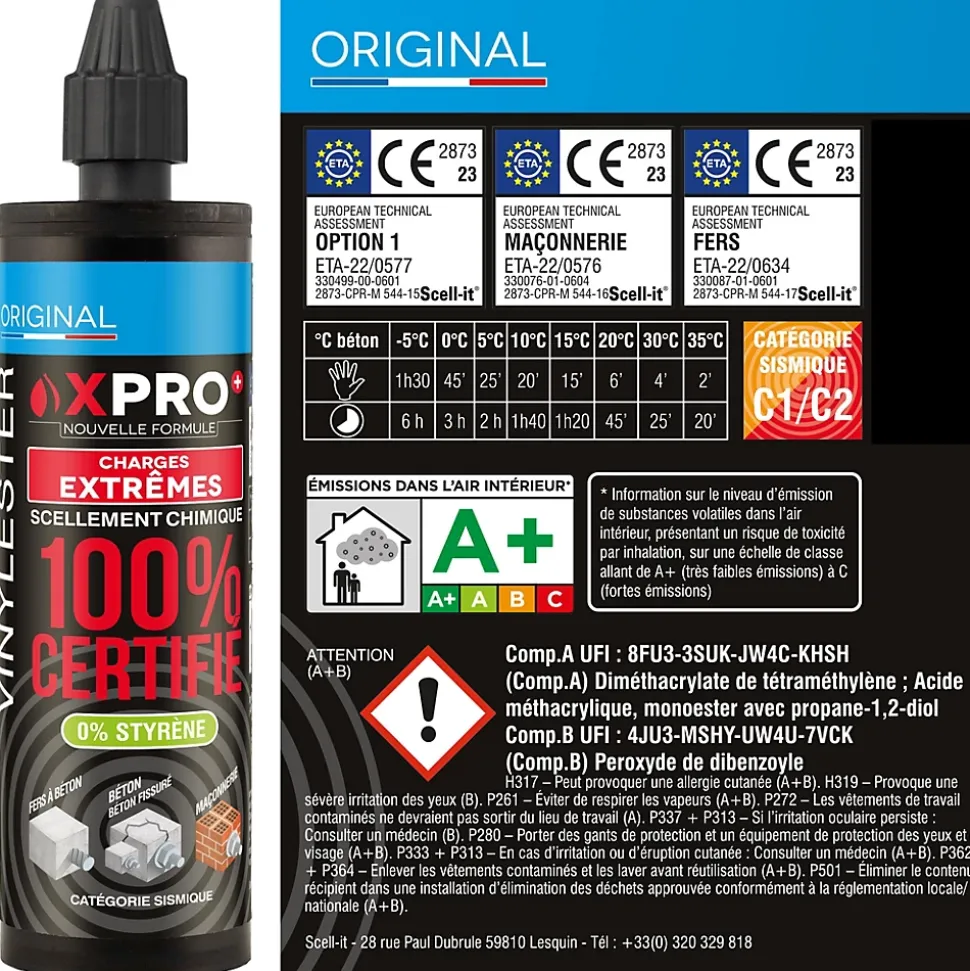 SCELL IT Kit Résine X PRO 160ml Ton Béton Avec 4 Tiges Acier M8 Et 4 Tamis Scellement Chimique Professionnel