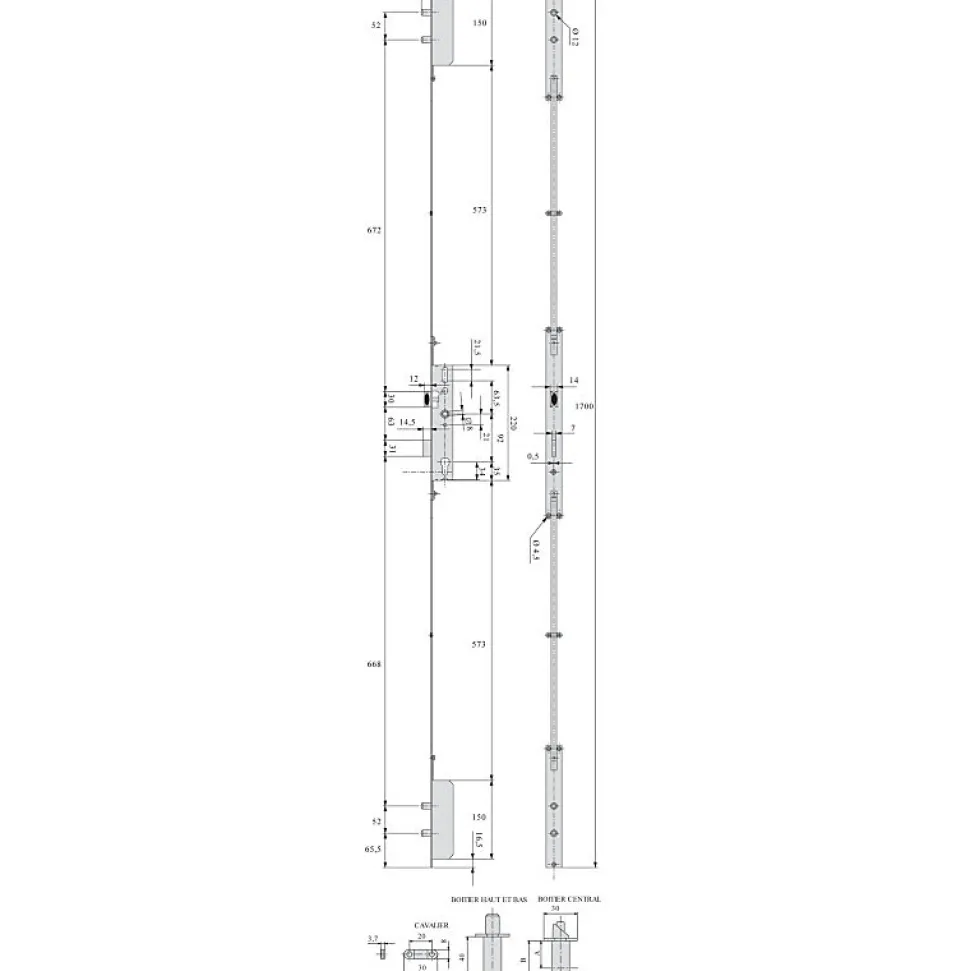 Serrure à larder 3 points TF pour profil acier pêne dormant demi-tour Série 6270 axe 30mm hauteur 1700mm - STREMLER - 6270.45.0