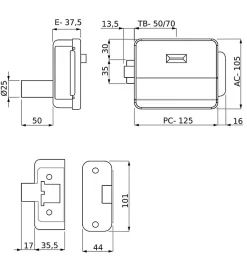 Serrure éléctrique 12V réversible en applique cylindre exterieur et bouton intérieur DOM