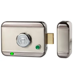 Serrure électrique motorisée en applique pene dormant cylindre rond réversible 12V DOM CE105