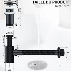 Siphon de Lavabo avec Bonde Pop Up Universel Noir Mat en Acier Inox et Laiton pour Salle de Bain