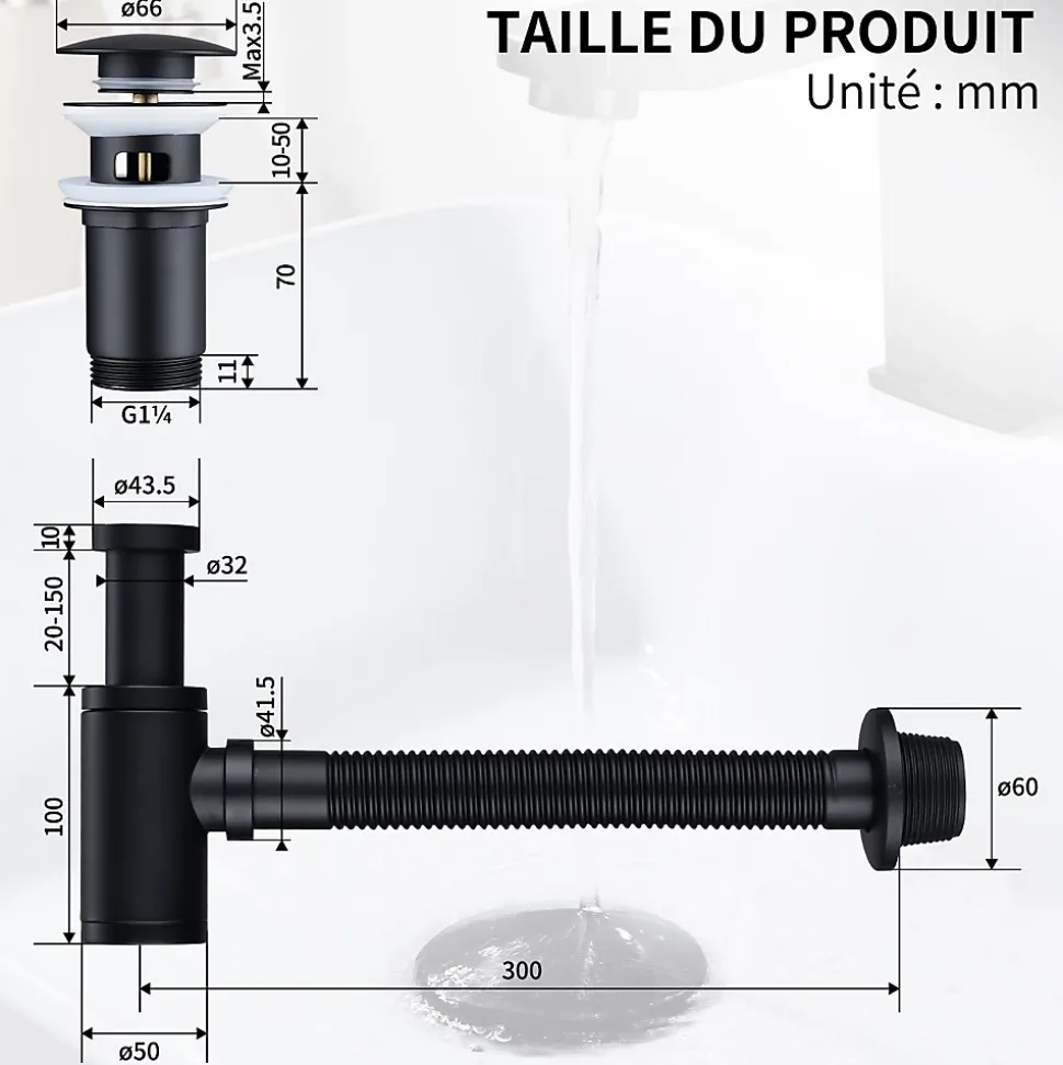 Siphon de Lavabo avec Bonde Pop Up Universel Noir Mat en Acier Inox et Laiton pour Salle de Bain