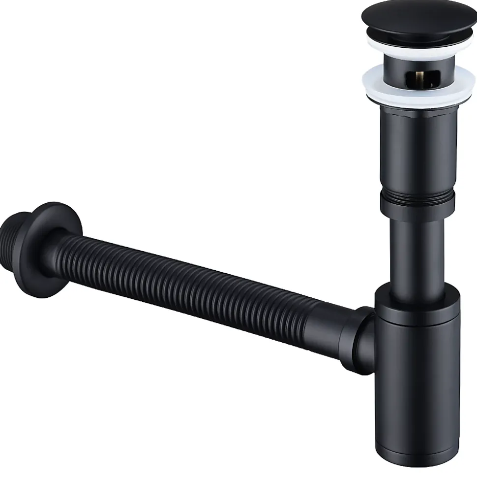 Siphon de Lavabo avec Bonde Pop Up Universel Noir Mat en Acier Inox et Laiton pour Salle de Bain