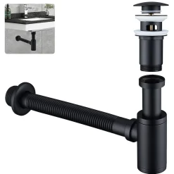 Siphon de Lavabo avec Bonde Pop Up Universel Noir Mat en Acier Inox et Laiton pour Salle de Bain