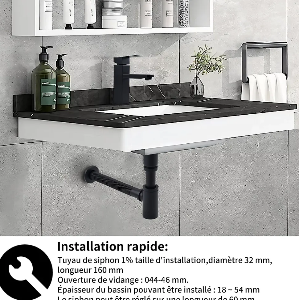 Siphon de Lavabo avec Bonde Pop Up Universel Noir Mat en Acier Inox et Laiton pour Salle de Bain