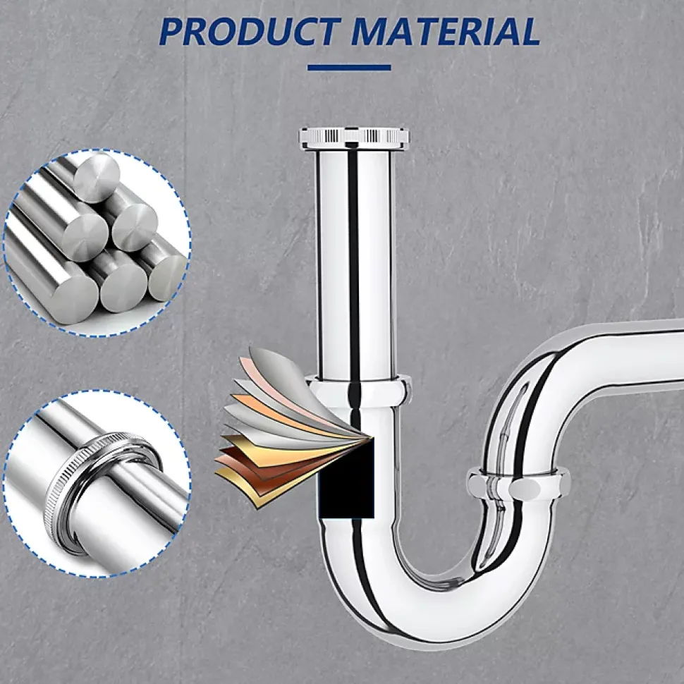 Siphon de Lavabo en Acier Inox Chrome Anti Odeur Tube Courbe en Forme de G Ouverture Quart de Tour pour Lavabo