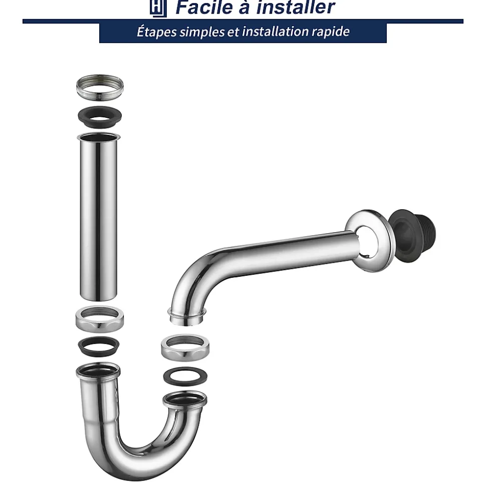Siphon de Lavabo en Acier Inox Chrome Anti Odeur Tube Courbe en Forme de G Ouverture Quart de Tour pour Lavabo