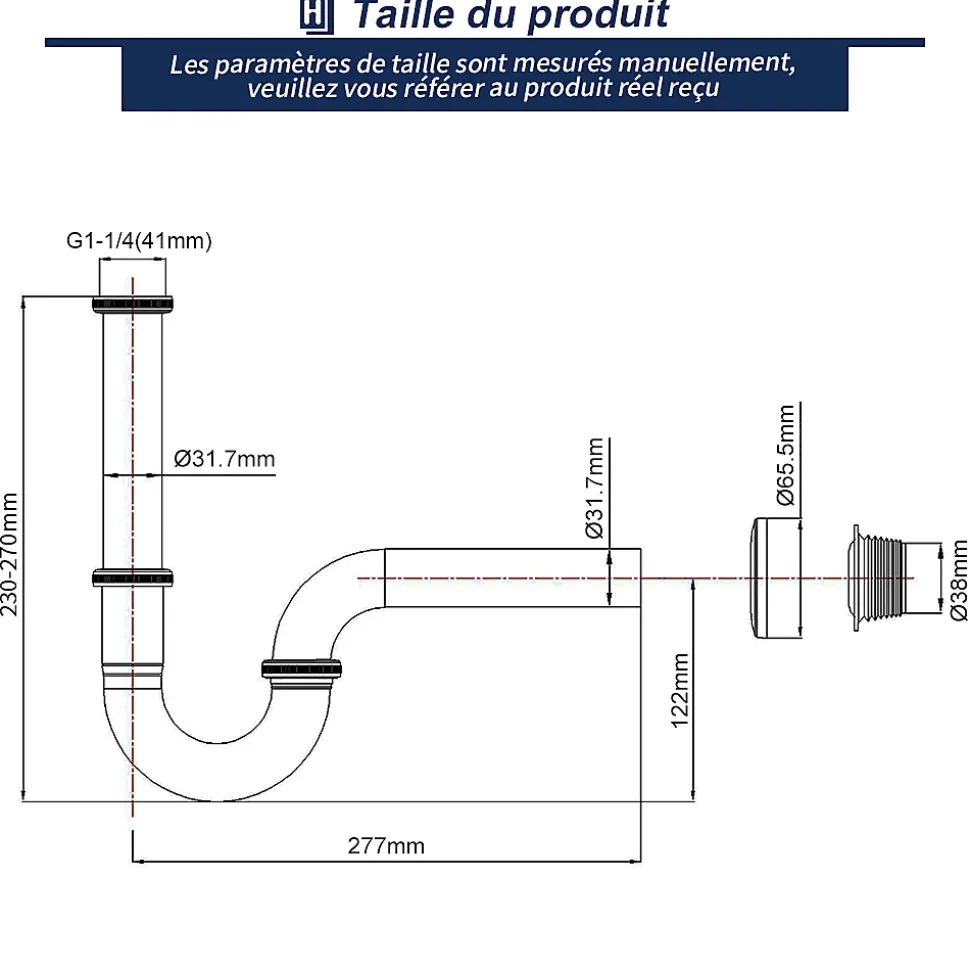 Siphon de Lavabo en Acier Inox Chrome Anti Odeur Tube Courbe en Forme de G Ouverture Quart de Tour pour Lavabo
