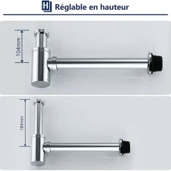 Siphon de Lavabo en Acier Inox Hauteur Reglable Set de Siphon G1 1 4 pour Vasque et Lavabo