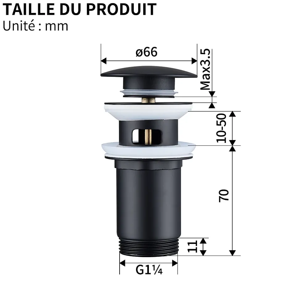Siphon noir à clapet avec trop-plein, adapté aux lavabos et éviers