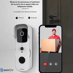 Sonnette portier HD SomLife app tuya smart life autonome sans fils alerte direct smartphone, vision nocture carillon fourni
