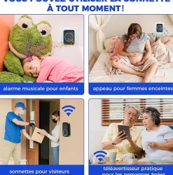 Sonnette sans fil étanche - Portée 300 m - 60 mélodies - Pour jardin, maison, bureau