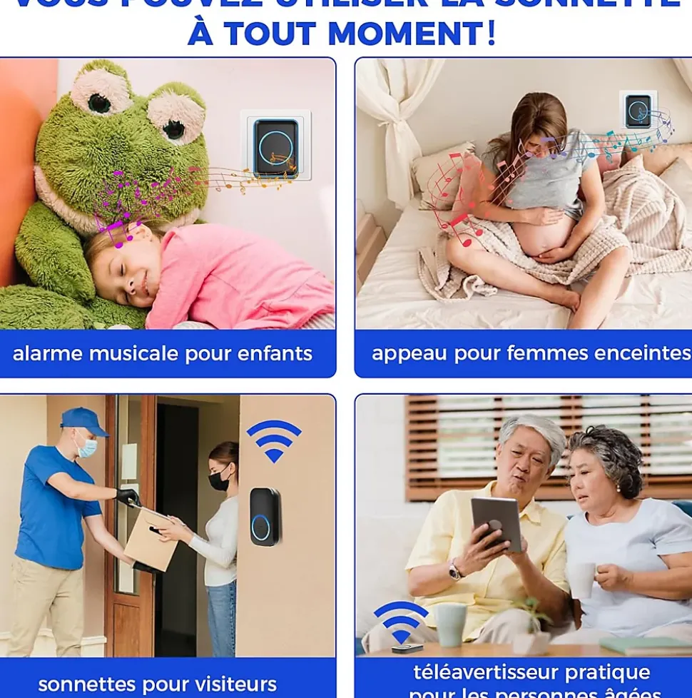 Sonnette sans fil étanche - Portée 300 m - 60 mélodies - Pour jardin, maison, bureau