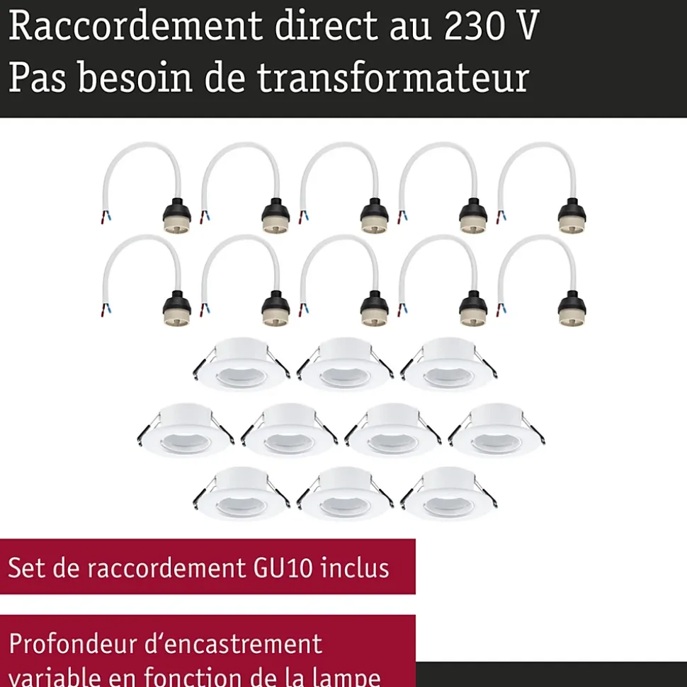 Spot encastré Kit de 10 fixe rond 90mm GU10 max. 10x10W 230V gradable Blanc