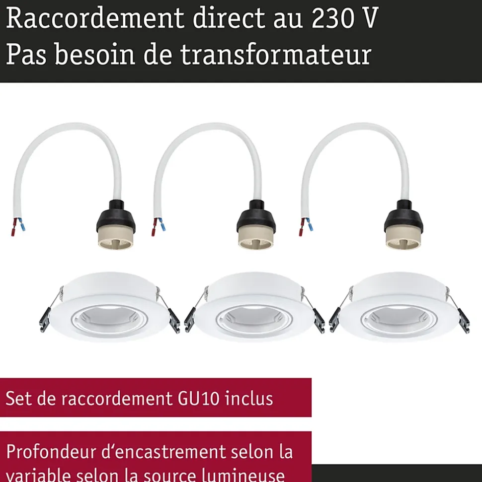 Spot encastré Kit de 3 orientable rond 90mm 30 GU10 max. 3x10W 230V gradable Blanc