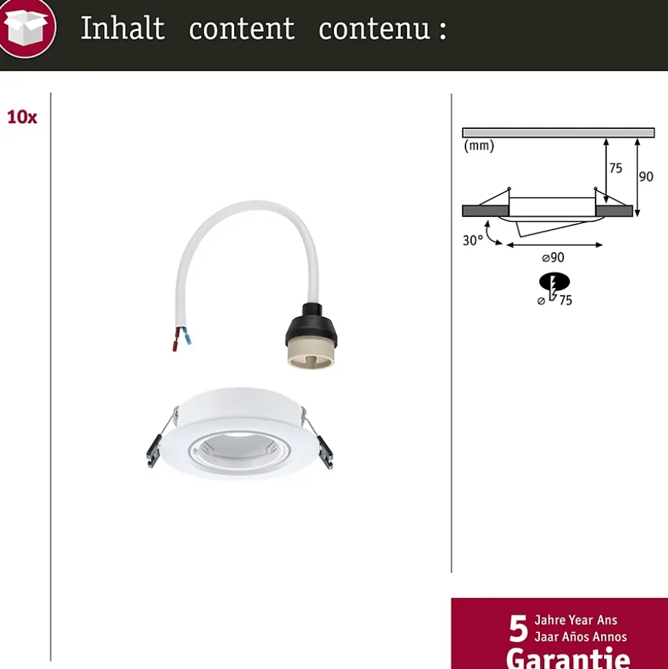 Spot encastré Kit de 10 orientable rond 90mm 30 GU10 max. 10x10W 230V gradable Blanc