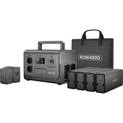 Station d'Energie RUNHOOD HE1200 - 1200 W Sinus Pur - 4 EB324 - 648 Wh - Recharge Solaire et AC - Modulaire et Echange a Chaud
