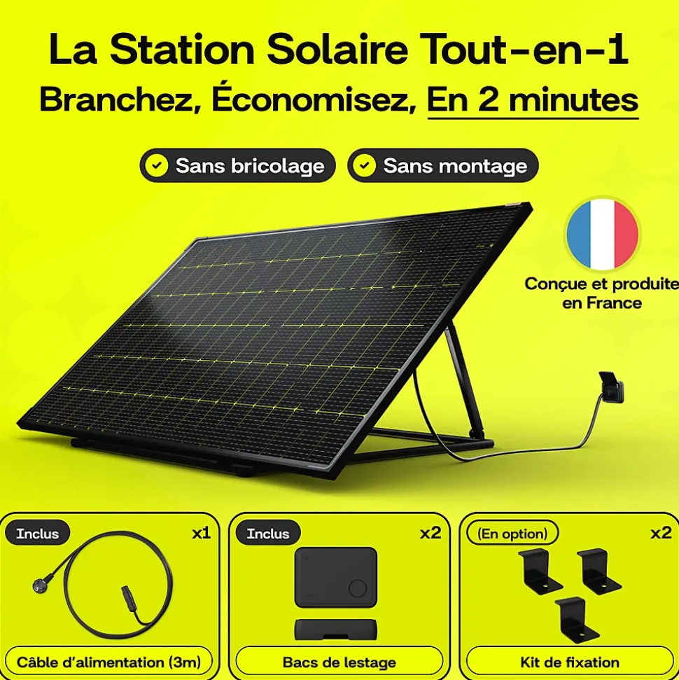 Sunology PLAY2, Kit 3 panneaux solaires complet 1380W bifacial, 3 Stations solaire livrées assemblées, installation sol ou mur