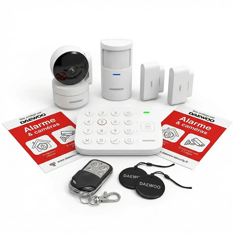 Système d'alarme connecté Sans Abonnement Daewoo Vigilia Wifi - 1 caméra + 6 accessoires - Batterie et sirène intégrées