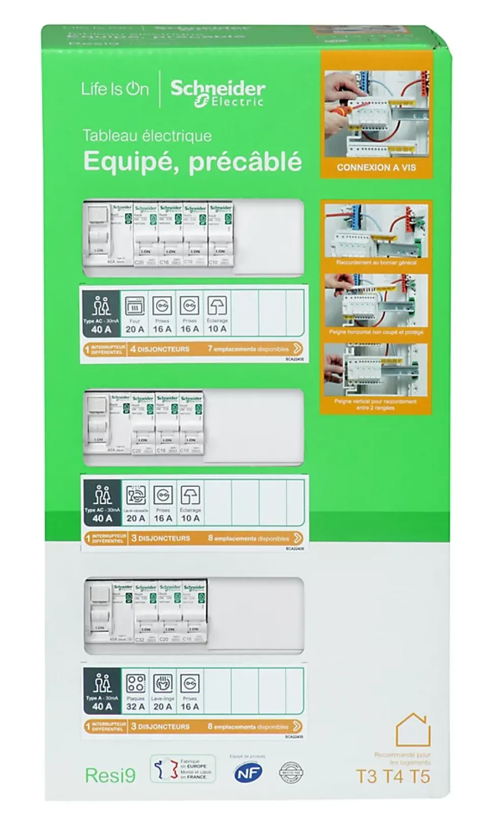 Tableau électrique pré-équipé et pré-câblé T2 à T4 - 3 rangées - 39 modules Schneider Electric + prise modulaire