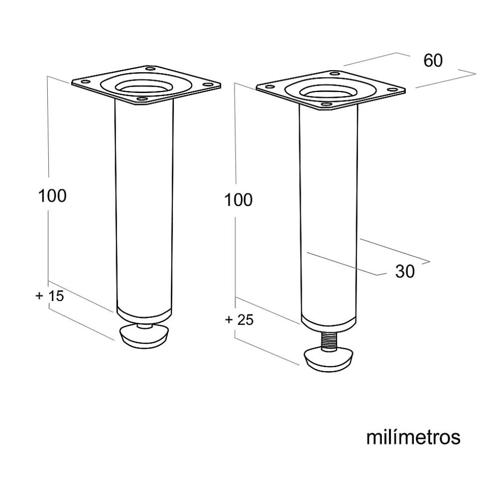 4 un. Pied de meuble rond en acier diamètre 30mm hauteur 100mm chromé avec régulateur de nivellement 15-25mm