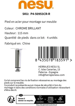 4 un. Pied de meuble rond en acier diamètre 30mm hauteur 100mm chromé avec régulateur de nivellement 15-25mm