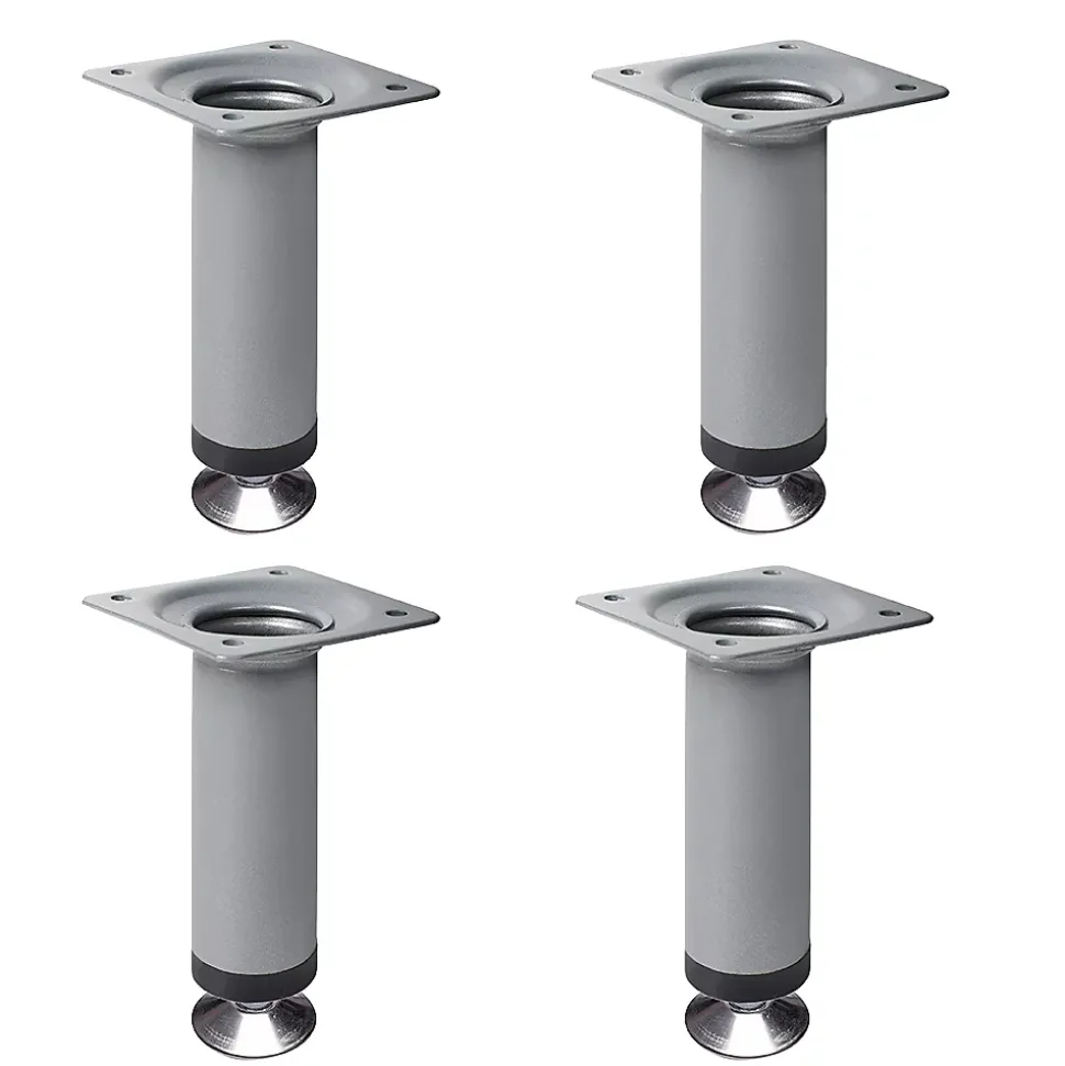 4 un. Pied rond pour meuble en acier, diamètre 30 mm, hauteur 100 mm, peinture aluminium avec régulateur de nivellement 15-25 mm
