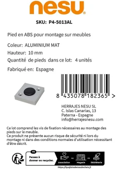 4un. rehausseur de meuble hauteur 10mm en résine plastique ABS ANTI-HUMIDITÉ couleur aluminium mat avec embout coulissant