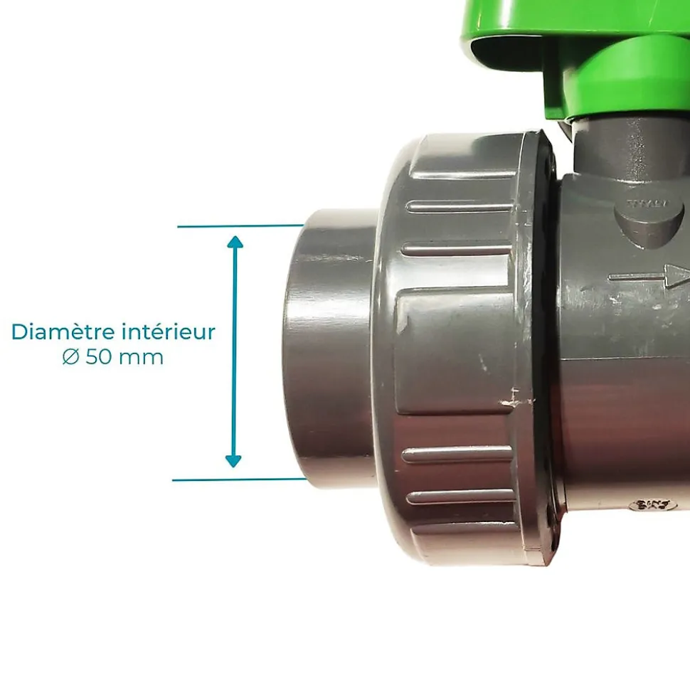 Vanne PVC Pression PN16 Piscine Codital Poignée Verte 50mm 5cm 1p un demi Compatible traitements de piscine chlore sel brome