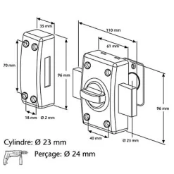 Verrou à bouton avec cylindre ø23 mm / 60 mm Abus