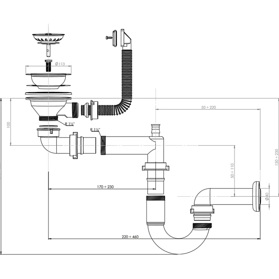 Vidage 1 bac CUIPD661-A pour évier inox NINO 1 bac 100 cm - Siphon gain de place