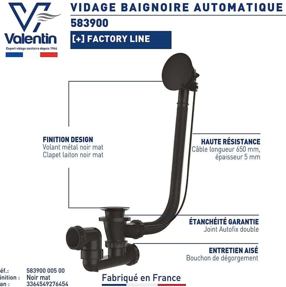 Vidage de baignoire automatique à câble sortie orientable à 360° Valentin finition blanche