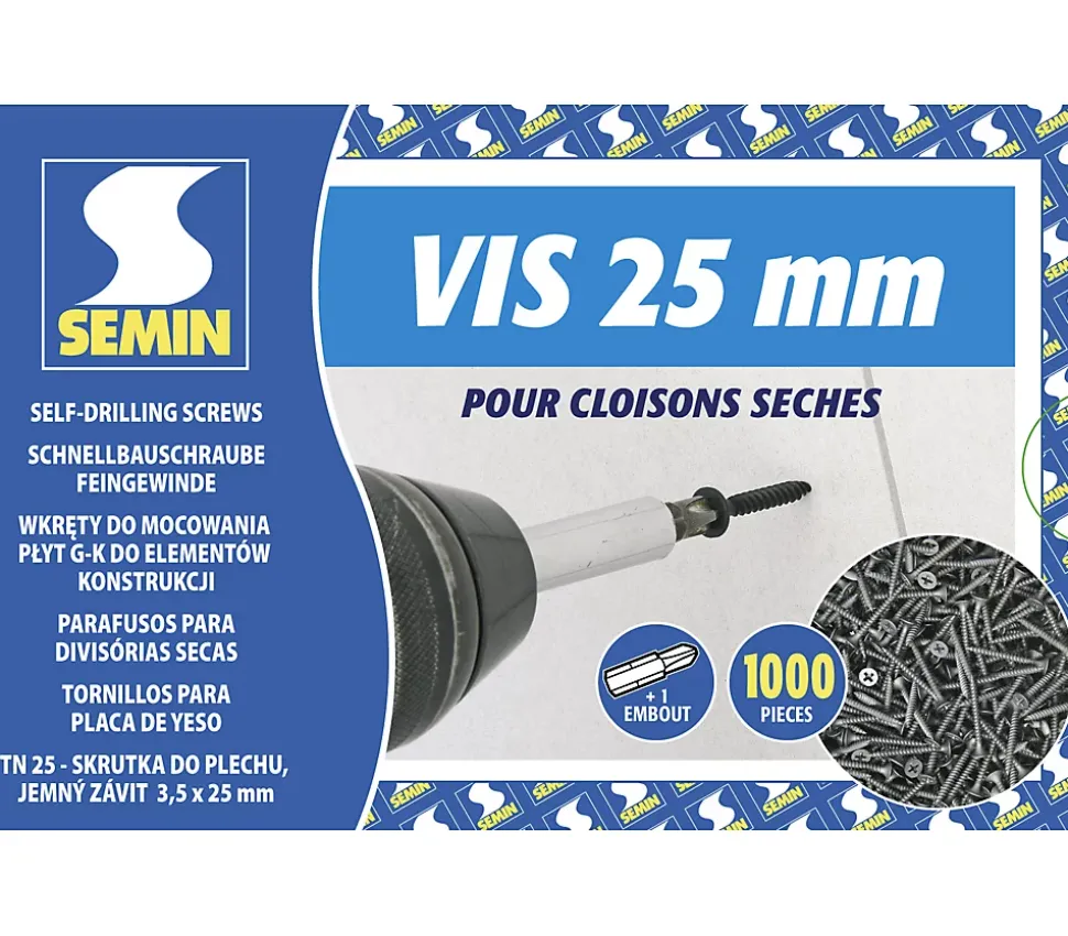 Vis Auto Perceuse 25 mm Semin - Fixation des Plaques de Plâtre sur l'Ossature - Intérieur - Boîte de 1000 Pièces (Lot de 3000)