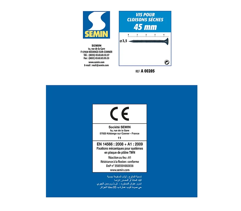 Vis Auto Perceuse 45 mm Semin - Fixation des Plaques de Plâtre sur l'Ossature - Intérieur - Boîte de 1000 Pièces