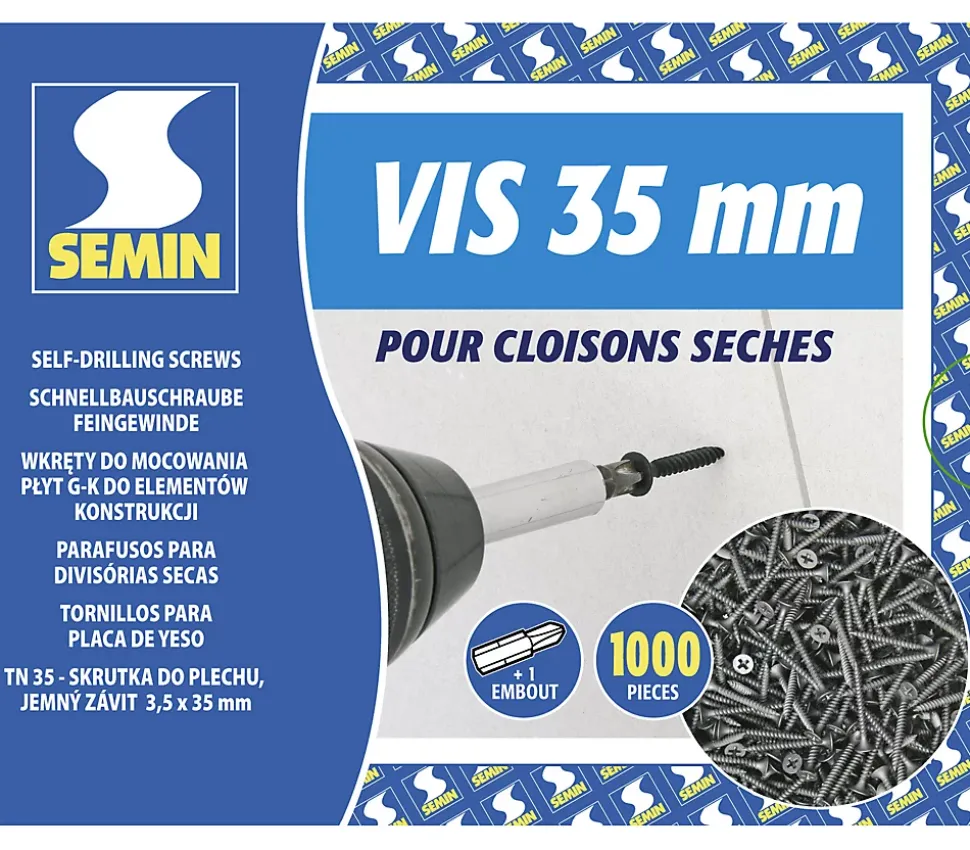 Vis Auto Perceuse 35 mm Semin - Fixation des Plaques de Plâtre sur l'Ossature - Intérieur - Boîte de 1000 Pièces